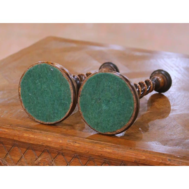 Brown Pair of Early 20th Century English Barley Twist Oak Candlesticks With Brass Cups For Sale - Image 8 of 8