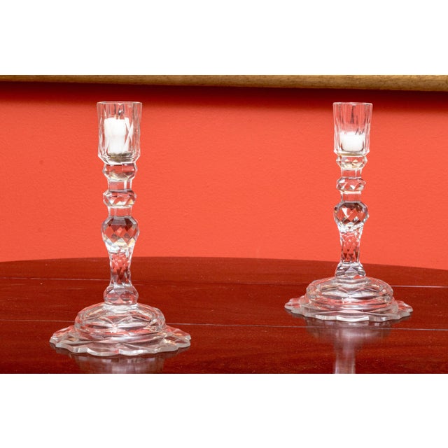 Pair antique 19th century Georgian Anglo Irish cut crystal candlesticks. Profusely cut baluster stem rising from a wide...