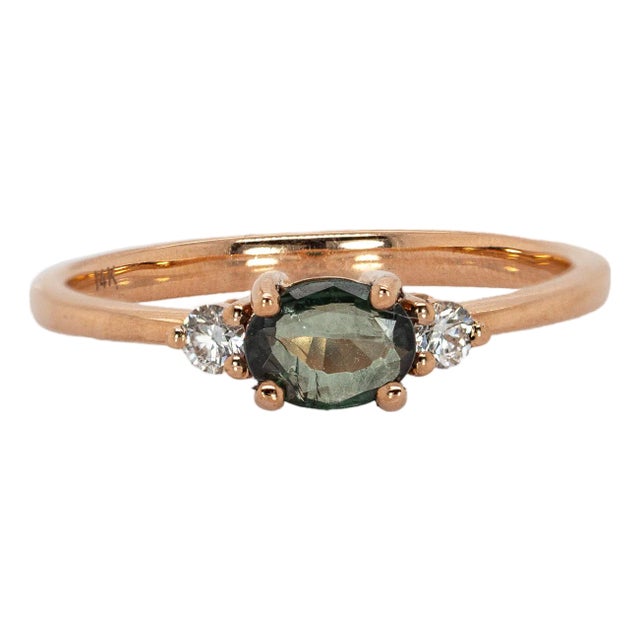 Three Stone Alexandrite and Natural Diamond Ring in Solid 14k Rose Gold, Size 6.75 For Sale