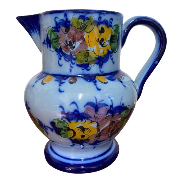 Vintage Vestal Alcobaca Portugal Pottery Hand Painted Floral Blue Pitcher For Sale