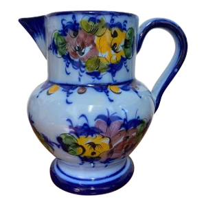 Vintage Vestal Alcobaca Portugal Pottery Hand Painted Floral Blue Pitcher