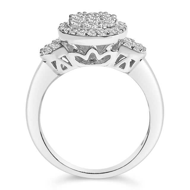 2020s 10K White Gold 1.0 Cttw Diamond Oval Cluster with Halo Vintage-Inspired Art Deco 3 Stone Style Statement Ring (G-H Color, SI1-SI2 Clarity), Size 7.5 For Sale - Image 5 of 8