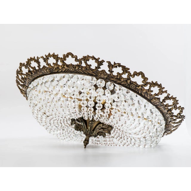 Large Brass & Crystal Semi Flush Mount Basket Chandelier, Spain 1950s For Sale - Image 6 of 13