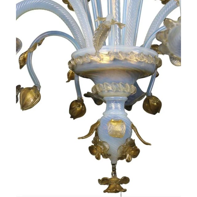 5 arms chandelier in murano glass venice early 20th century with gold highlights, small breaks and missing parts h 96 x 85...