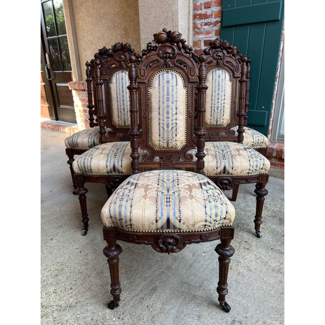 Set 6 Antique French Dining Chairs Renaissance Carved Oak Black Forest c1880. Direct from France, a dramatic and highly...