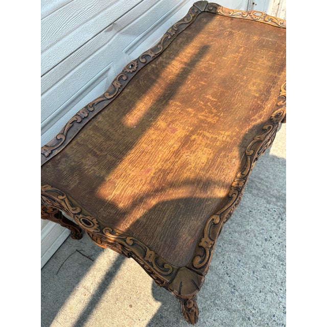 Coffee Early 20th Century Spanish Revival Carved Walnut Coffee Table With Bird Motif, Baroque Style For Sale - Image 8 of 10