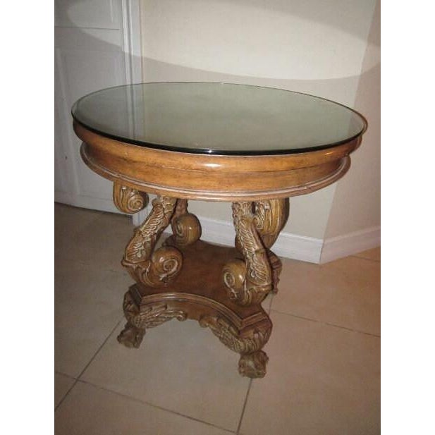 1970s Mondamin 29" Round Tall Solid Wood Pedestal End Table Glass Top Classic For Sale - Image 9 of 13