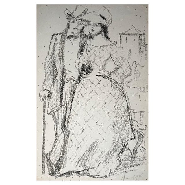 Benjamin II Vautier, Young Couple, Graphite on Paper For Sale
