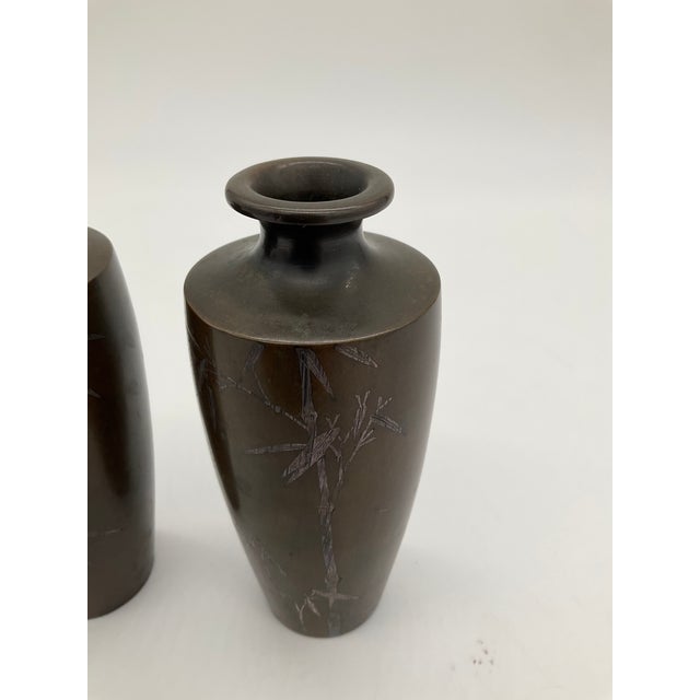 Late 19th Century Vintage Japanese Silver Inlaid Bamboo Design Bronze Vase Set of 2 Meiji Period For Sale - Image 5 of 17