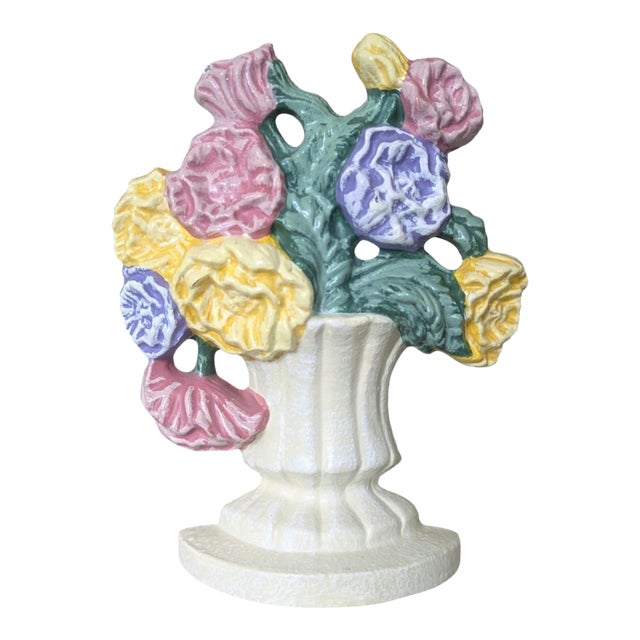 Antique Basket of Flowers Floral Cast Iron Hubley Doorstop For Sale