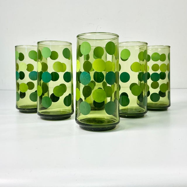 Olive Mid 20th Century Boho Chic Modern Olive Polka Dot Tumbler Glassware - Set of 6. For Sale - Image 8 of 14