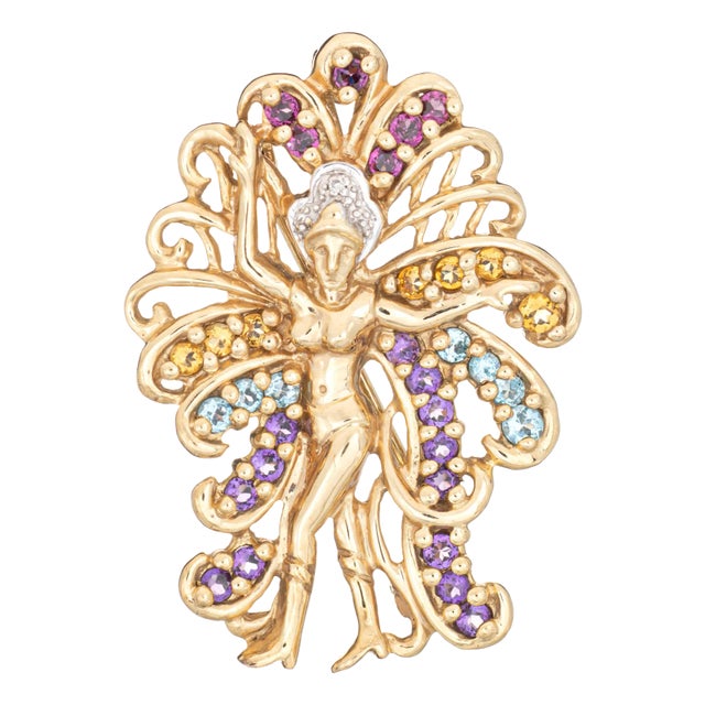 1970s Vintage Las Vegas Showgirl Gemstone Pendant 10k Yellow Gold Brooch Fine Jewelry For Sale