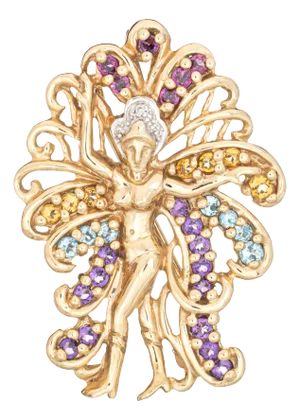 1970s Vintage Las Vegas Showgirl Gemstone Pendant 10k Yellow Gold Brooch Fine Jewelry