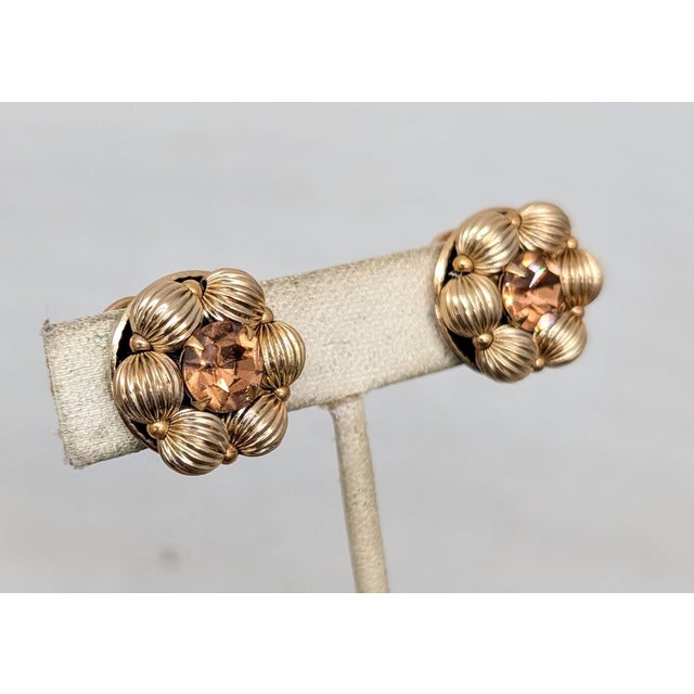 Napier Vintage 1950s Signed Napier Goldtone & Faux-Topaz Clip Earrings- 2 Pieces For Sale - Image 4 of 8