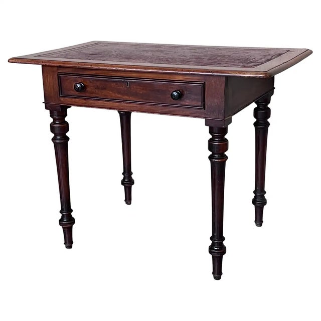 Spanish Country Pine Side Table With Two Sides Drawer and Leather Top For Sale - Image 12 of 12