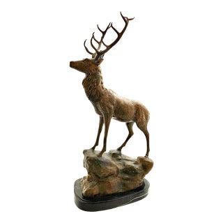 Vintage Large Heavy Metal Deer Statue Elk Sculpture on Marble Base For Sale