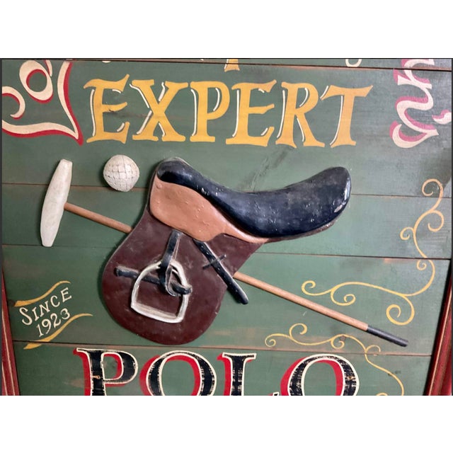 Wood Vintage 1960s Hand Painted "School of Expert Polo" Trade Sign For Sale - Image 7 of 16