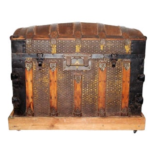 Early 20th Century Dome Top Trunk With Embossed Metal Star Design For Sale