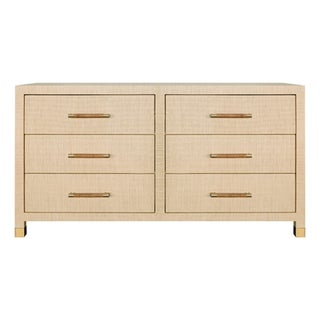 Matthew Izzo Home Winchester Natural Grasscloth Six Drawer Chest With Wrapped Rattan and Brass Handles For Sale