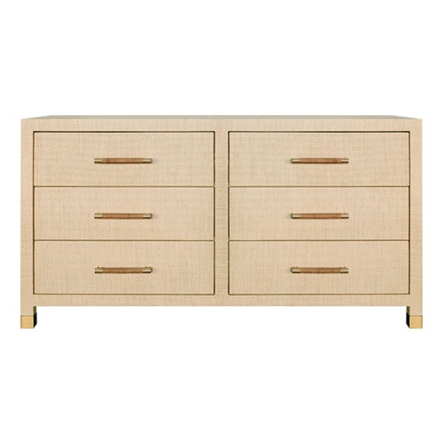 Matthew Izzo Home Winchester Natural Grasscloth Six Drawer Chest With Wrapped Rattan and Brass Handles For Sale