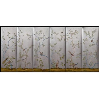 Silver Leaf Chinoiserie Hand-Painted Floral & Bird Wall Panels (Set of 6) For Sale