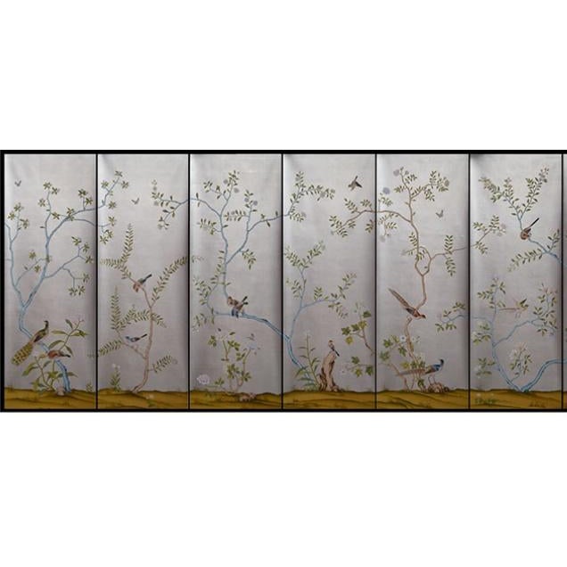 Silver Leaf Chinoiserie Hand-Painted Floral & Bird Wall Panels (Set of 6) For Sale