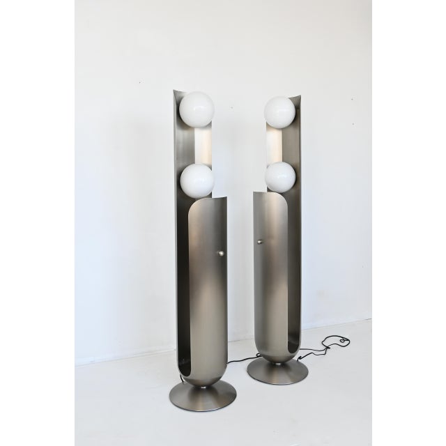 1970s Postmodern Tall Bruched Stainless Steel Metal Double Glass Globe Floor Lamp - a Pair For Sale - Image 9 of 9