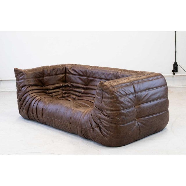 Vintage Two-Seater Togo Sofa with Arms in Brown Leather by Michel Ducaroy for Ligne Roset, 1970s For Sale - Image 3 of 18