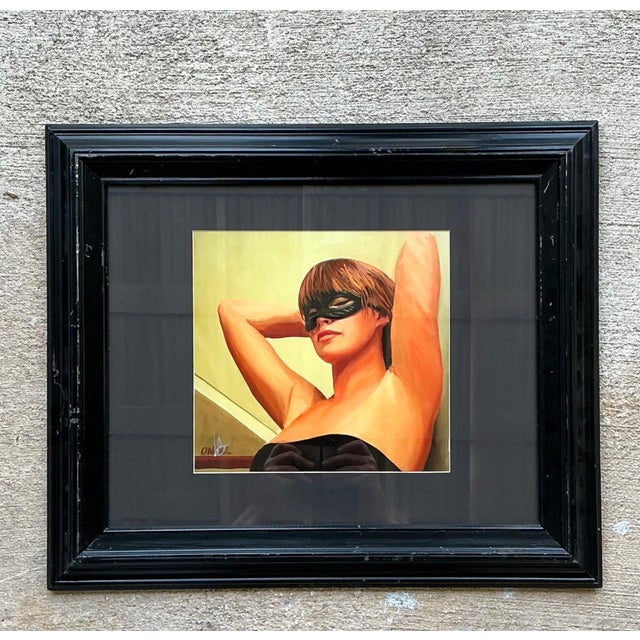 Contemporary Vintage Masked Lady Oil Print in Black Frame For Sale - Image 3 of 14