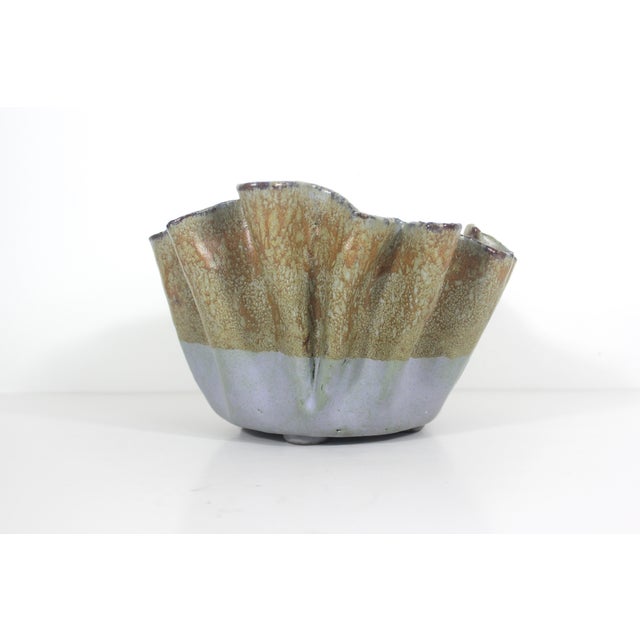 Vintage Sculptural Signed Studio Pottery Footed Bowl Organic Ruffled Edge For Sale - Image 11 of 13