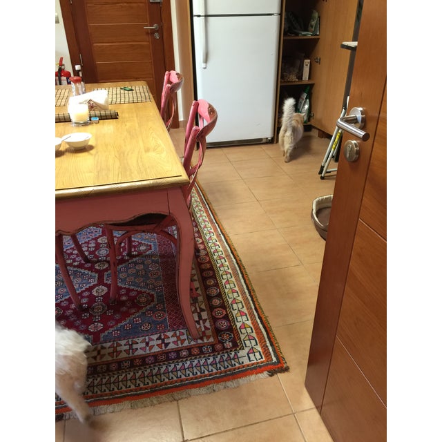Distressed-Painted Hard-Wood Dining Table With Four Cross-Backed Chairs Featuring Natural Hand-Woven Seats For Sale In Los Angeles - Image 6 of 6
