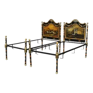 English Victorian Papier Mache Mother of Pearl Inlay Twin Bed Frames - a Pair