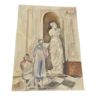 1980’s Original Architectural Interior Watercolor Painting With Classical Sculpture For Sale