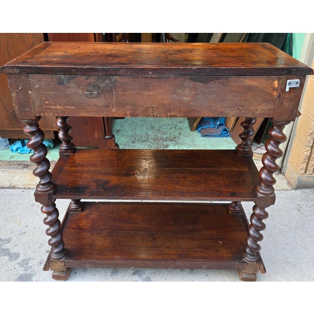 Brown Antique Circa 1830 English Jacobean Revival Oak Server With Carved Grotesque Masks and Barley Twist Supports For Sale - Image 8 of 18