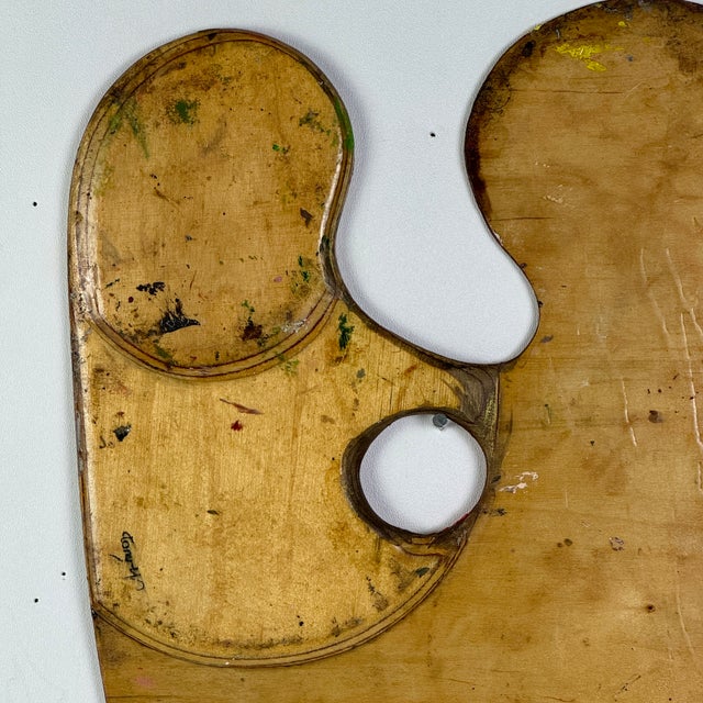 Wood Vintage Artist's Large Kidney Bean Shaped Painting Palette With Pink, Red, & Green For Sale - Image 7 of 7
