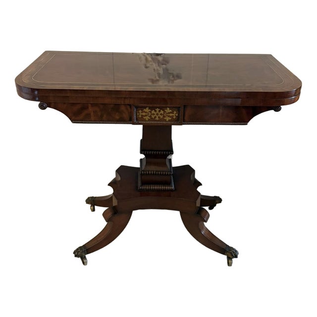 Antique English Regency Mahogany Brass Inlaid Fold-Over Console Card Table, 1830 For Sale