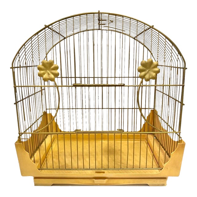 Vintage 1950s Hollywood Regency Gold Metal Bird Cage With Floral Accents For Sale