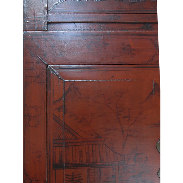 96" Tall Red Lacquer Antique Chinese Chinoiserie-Style Cabinet For Sale - Image 9 of 15