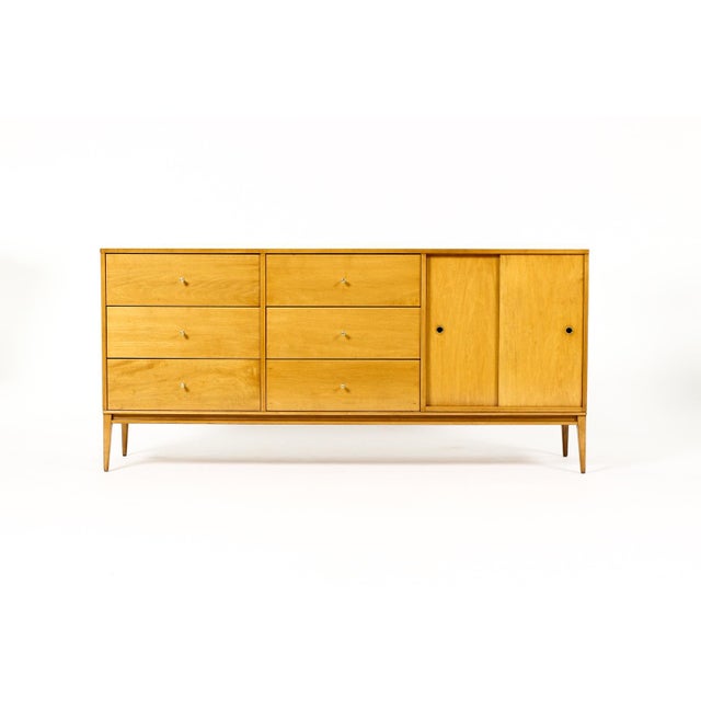 #2017 — Mid Century Vintage Paul McCobb Planner Group Maple Low Dresser — 6 drawer + Sliding Doors Great vintage specimen....