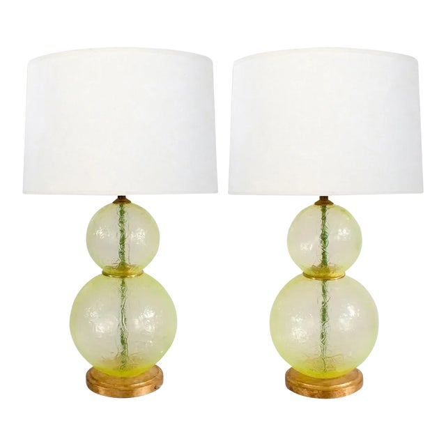 Translucent & Textured Murano Stacked Chartreuse Glass Sphere Lamps - A Pair For Sale