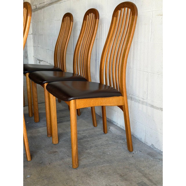 Solid Oak High-Back Dining Chairs Set of 5 With Brown Upholstery Vintage 1980s For Sale - Image 9 of 11
