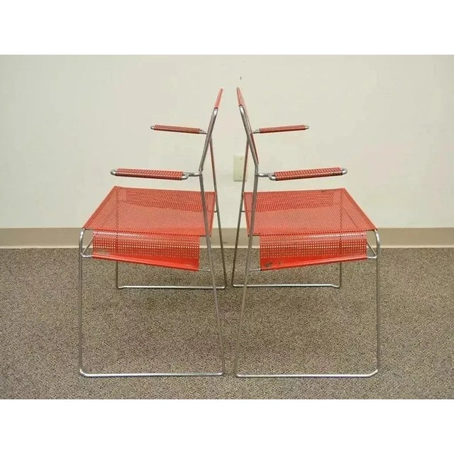 Mid-Century Modern Vintage Tomado Style Mid Century Modern Red Stacking Chrome Metal Mesh Chairs- a Pair For Sale - Image 3 of 11