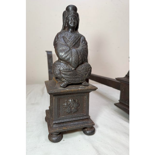 Antique Pair 19th Century Chinese Emperor & Empress Cast Iron Fireplace Andirons For Sale - Image 9 of 16