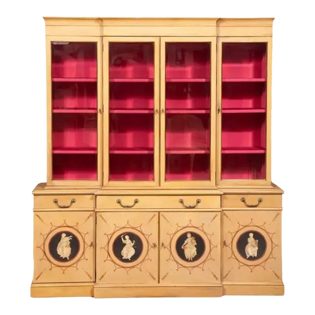 Hand-Painted & Decorated Front Neoclassical Style Breakfront Secretary Bookcase For Sale