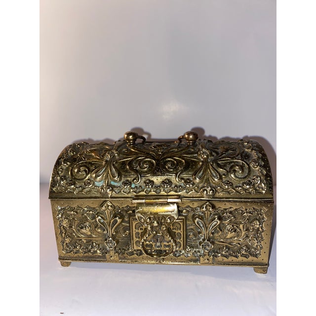 Lovely patination that’s reflects the age of this beautiful jewelry casket. Does have some weight. Will need some good...