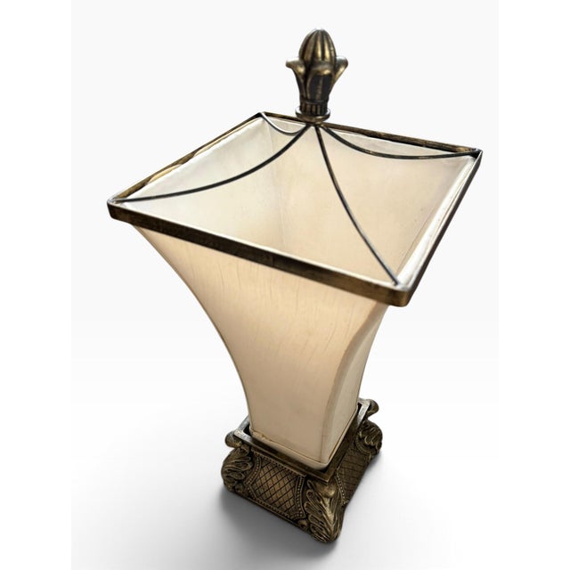 Late 20th Century Vintage Hollywood Regency Ornate Gold-Tone Table Lamp With Square Fabric Shade For Sale - Image 5 of 6