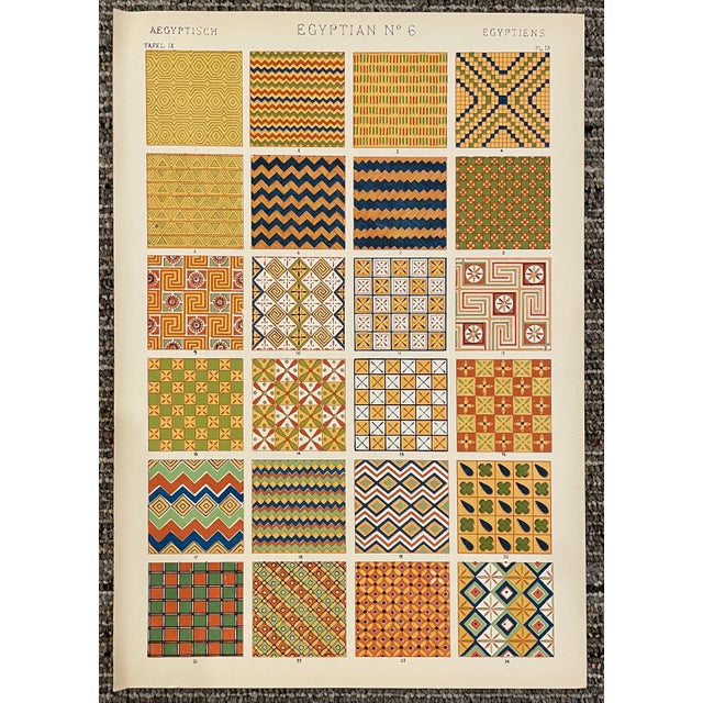 "Egyptian 6 and 7" pair of chromolithograph plates from a 1910 printing of Owen Jones (1809-1874) "Grammar of Ornament"...