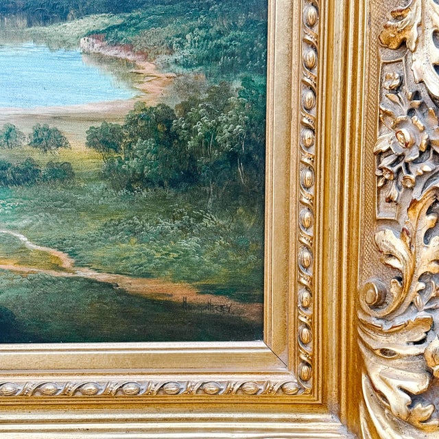 Gold Vintage Grand Scale 19th Century Style Hudson River School Pastoral Oil on Canvas by Humphrey For Sale - Image 8 of 10
