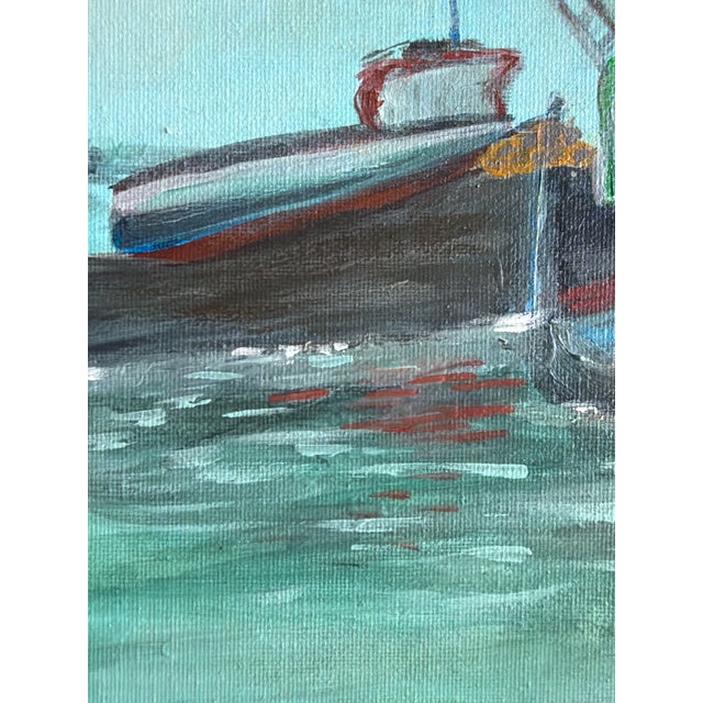 Original painting by L. Romo depicting colorful working boats resting in a turquoise harbor. Red, blue, green, and golden-...