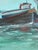 Original painting by L. Romo depicting colorful working boats resting in a turquoise harbor. Red, blue, green, and golden-...